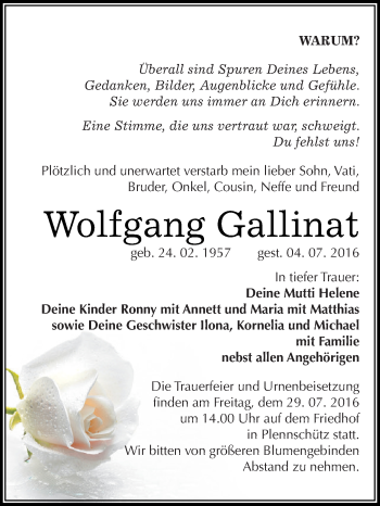 Traueranzeige von Wolfgang Gallinat von WVG - Wochenspiegel NMB / WSF / ZTZ
