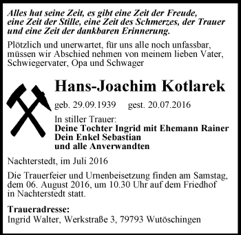 Traueranzeige von Hans-Joachim Kotlarek von Mitteldeutsche Zeitung Aschersleben