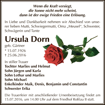 Traueranzeige von Ursula Dorn von WVG - Wochenspiegel Dessau / Köthen