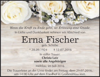 Traueranzeige von Erna Fischer von WVG - Wochenspiegel Wittenberg