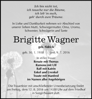 Traueranzeige von Brigitte Wagner von Mitteldeutsche Zeitung Sangerhausen
