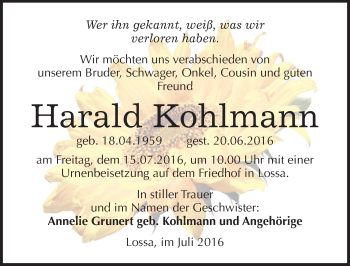 Traueranzeige von Harald Kohlmann von Mitteldeutsche Zeitung Naumburg/Nebra
