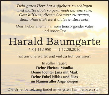 Traueranzeige von Harald Baumgarte von Mitteldeutsche Zeitung Bitterfeld