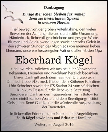 Traueranzeige von Eberhard Kögel von WVG - Wochenspiegel Dessau / Köthen