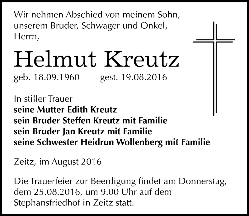  Traueranzeige für Helmut Kreutz vom 23.08.2016 aus Mitteldeutsche Zeitung Zeitz