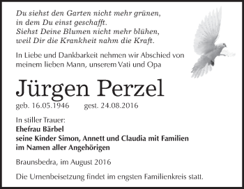 Traueranzeige von Jürgen Perzel von WVG - Wochenspiegel Merseburg
