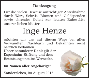 Traueranzeige von Inge Henze von Mitteldeutsche Zeitung Mansfelder Land