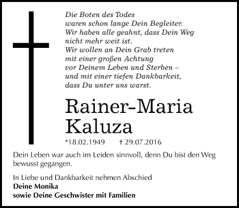Traueranzeige von Rainer-Maria Kaluza von Mitteldeutsche Zeitung Dessau-Roßlau
