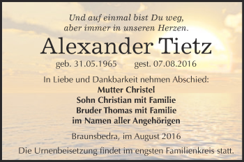 Traueranzeige von Alexander Tietz von WVG - Wochenspiegel Merseburg
