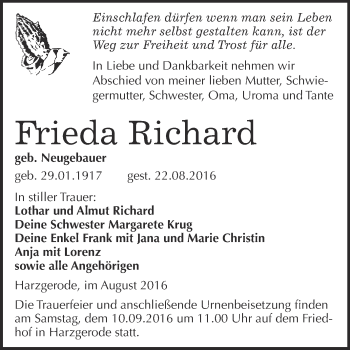 Traueranzeige von Frieda Richard von Super Sonntag Quedlinburg