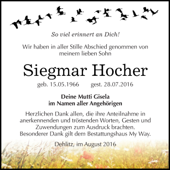 Traueranzeige von Siegmar Hocher von WVG - Wochenspiegel NMB / WSF / ZTZ