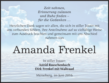 Traueranzeige von Amanda Frenkel von Mitteldeutsche Zeitung Merseburg/Querfurt