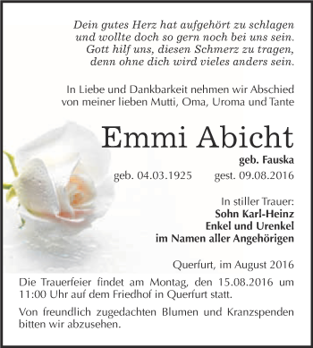 Traueranzeige von Emmi Abicht von WVG - Wochenspiegel Merseburg