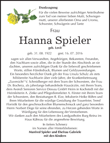 Traueranzeige von Hanna Spieler von Mitteldeutsche Zeitung Dessau-Roßlau