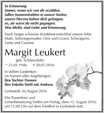 Traueranzeige von Margit Leukert von Mitteldeutsche Zeitung Mansfelder Land