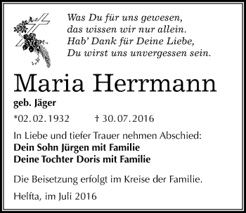 Traueranzeige von Maria Herrmann von Mitteldeutsche Zeitung Mansfelder Land