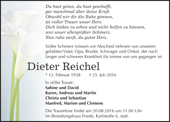 Traueranzeige von Dieter Reichel von Mitteldeutsche Zeitung Dessau-Roßlau