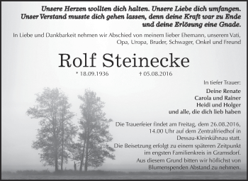 Traueranzeige von Rolf Steinecke von WVG - Wochenspiegel Dessau / Köthen