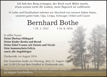 Traueranzeige von Bernhard Bothe von WVG - Wochenspiegel Quedlinburg