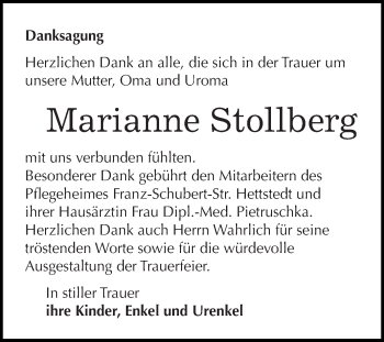 Traueranzeige von Marianne Stollberg von Wochenspiegel Mansfelder Land