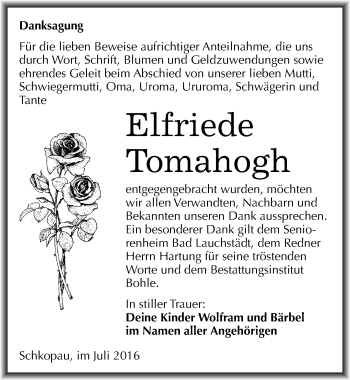Traueranzeige von Elfriede Tomahogh von Mitteldeutsche Zeitung Merseburg/Querfurt