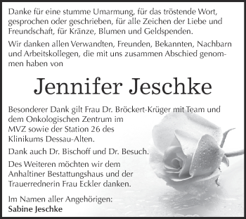 Traueranzeige von Jennifer Jeschke von WVG - Wochenspiegel Dessau / Köthen