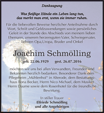 Traueranzeige von Joachim Schmölling von Mitteldeutsche Zeitung Sangerhausen