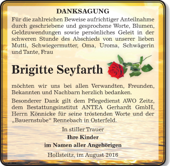 Traueranzeige von Brigitte Seyfarth von Mitteldeutsche Zeitung Zeitz