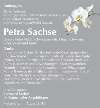 Traueranzeige von Petra Sachse von Mitteldeutsche Zeitung Merseburg/Querfurt