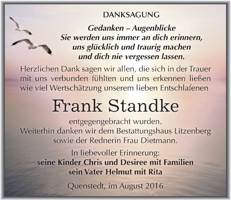  Traueranzeige für Frank Standke vom 10.08.2016 aus Mitteldeutsche Zeitung Mansfelder Land