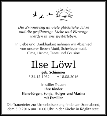 Traueranzeige von Ilse Löwl von Mitteldeutsche Zeitung Merseburg/Querfurt