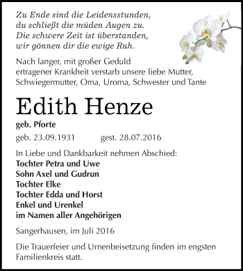 Traueranzeige von Edith Henze von Super Sonntag SGH Mansf. Land