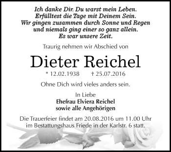 Traueranzeige von Dieter Reichel von WVG - Wochenspiegel Dessau / Köthen