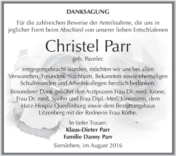 Traueranzeige von Christel Parr von Wochenspiegel Mansfelder Land