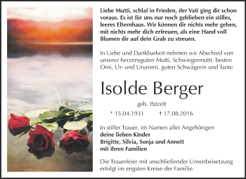 Traueranzeige von Isolde Berger von Super Sonntag Bernburg