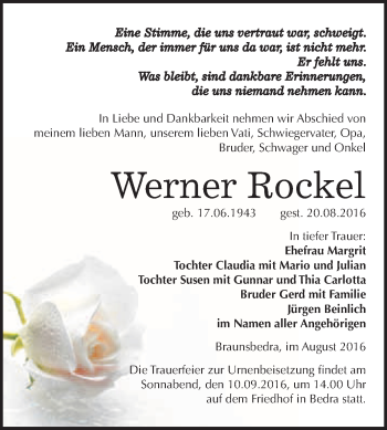 Traueranzeige von Werner Rockel von WVG - Wochenspiegel Merseburg