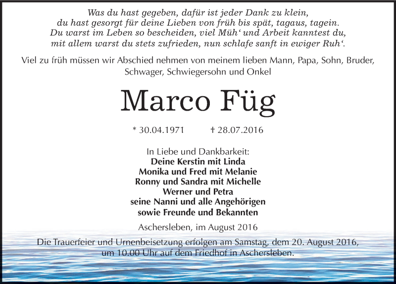  Traueranzeige für Marco Füg vom 06.08.2016 aus Mitteldeutsche Zeitung Aschersleben