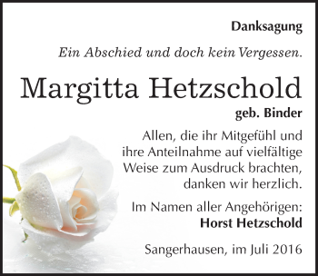 Traueranzeige von Margitta Hetzschold von Mitteldeutsche Zeitung Sangerhausen