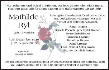 Traueranzeige von Mathilde Ryl von Mitteldeutsche Zeitung Quedlinburg