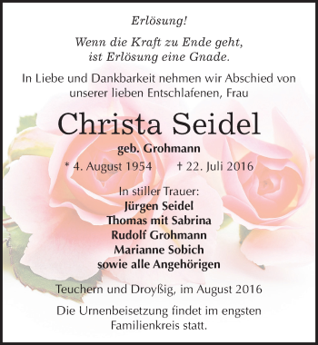 Traueranzeige von Christa Seidel von Mitteldeutsche Zeitung Weißenfels