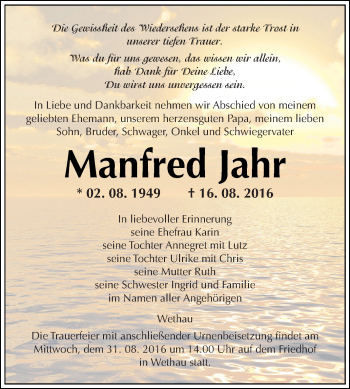 Traueranzeige von Manfred Jahr von WVG - Wochenspiegel NMB / WSF / ZTZ