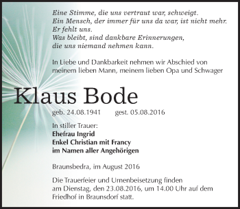 Traueranzeige von Klaus Bode von Mitteldeutsche Zeitung Merseburg/Querfurt