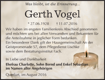 Traueranzeige von Gerth Vogel von Mitteldeutsche Zeitung Merseburg/Querfurt