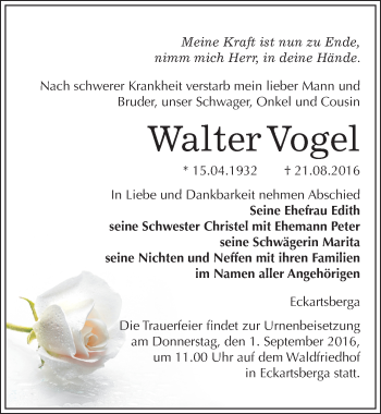 Traueranzeige von Walter Vogel von Mitteldeutsche Zeitung Naumburg/Nebra