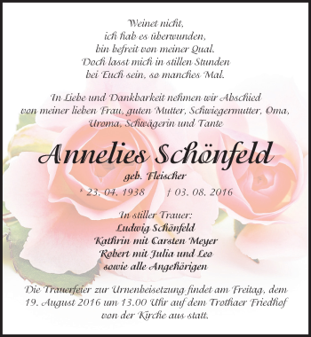 Traueranzeige von Annelies Schönfeld von Mitteldeutsche Zeitung Halle/Saalkreis