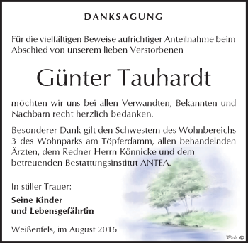 Traueranzeige von Günter Tauhardt von Mitteldeutsche Zeitung Weißenfels