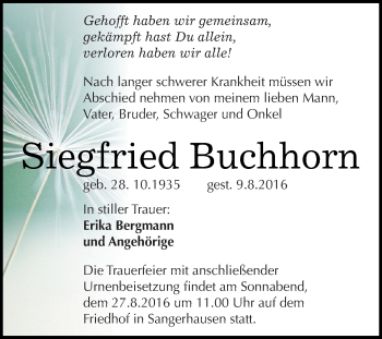 Traueranzeige von Siegfried Buchhorn von Super Sonntag SGH Mansf. Land
