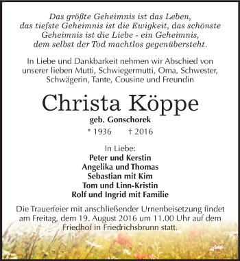 Traueranzeige von Christa Köppe von Mitteldeutsche Zeitung Quedlinburg