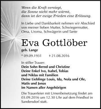 Traueranzeige von Eva Gottlöber von Mitteldeutsche Zeitung Bitterfeld