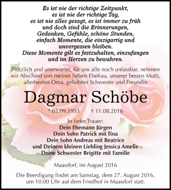 Traueranzeige von Dagmar Schöbe von WVG - Wochenspiegel Dessau / Köthen